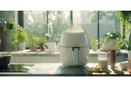 white air fryer busy frying food in, a Food & Drink Photo by Lermont51