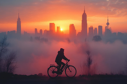 Bicycle rider enjoying a sunrise ove, a Photo by Tanuart