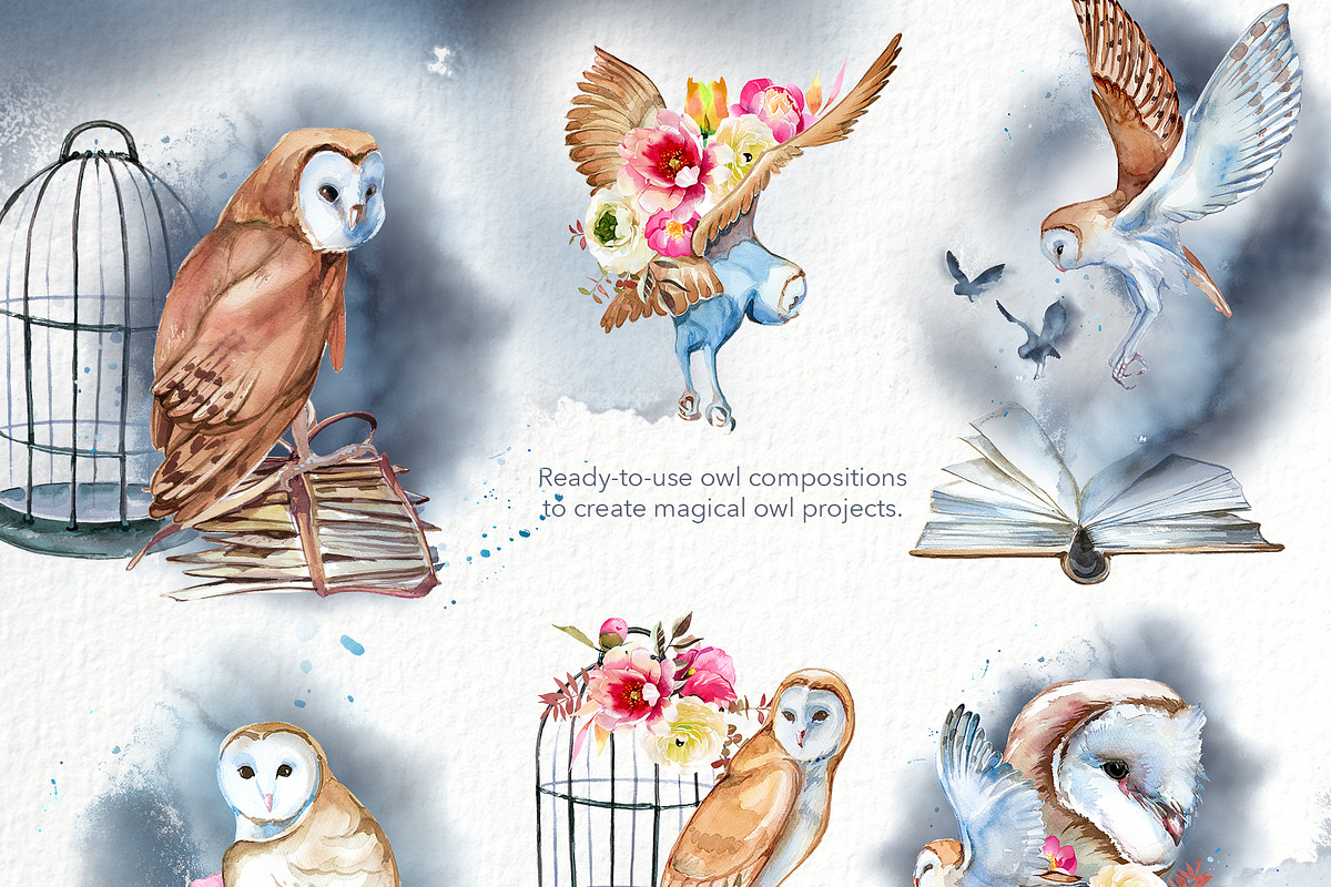 Watercolor Owl Beauty Clipart Set, an Animal Illustration by ArtCreationsDesign (Photo 2 of 11)