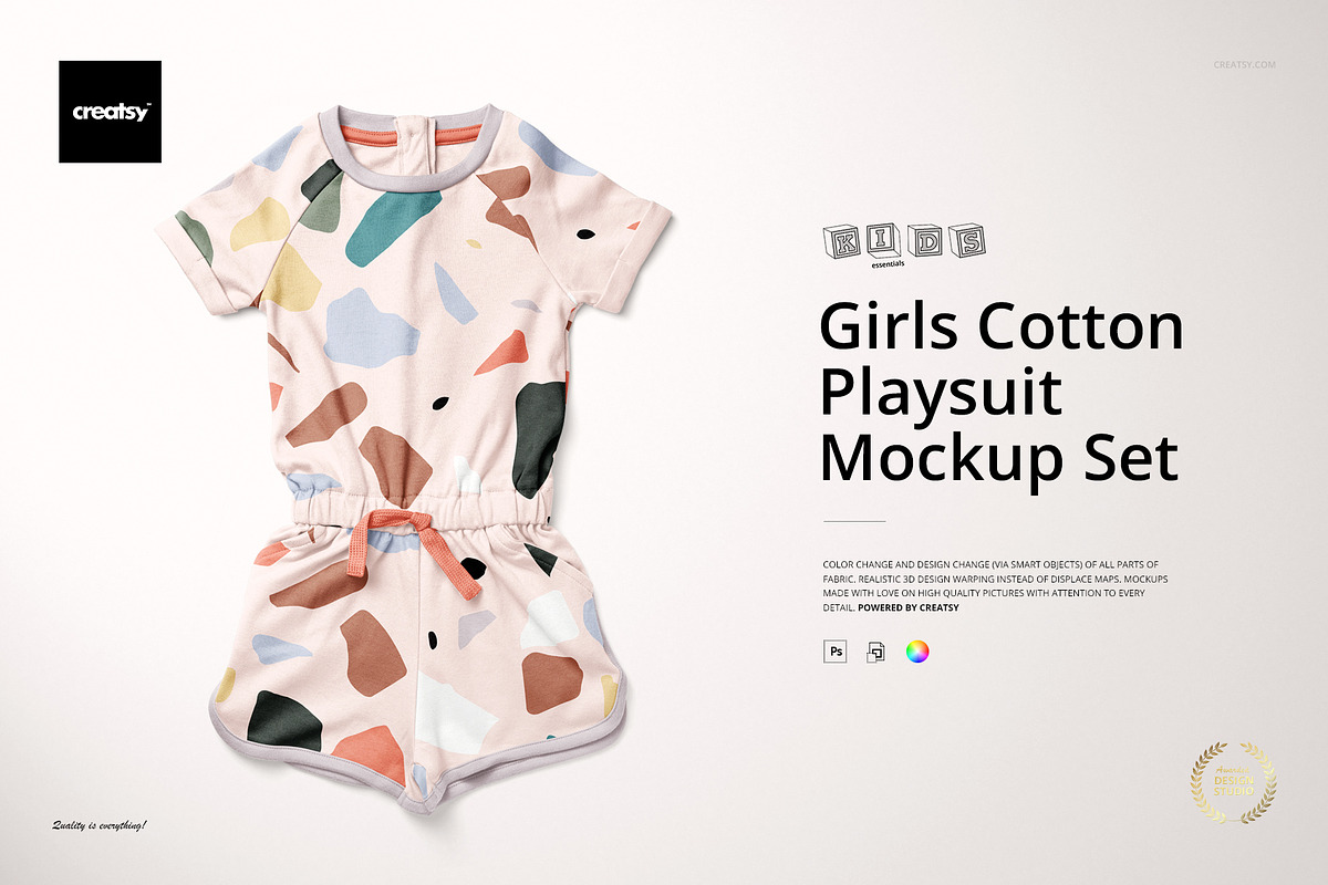 Girl's Cotton Playsuit Mockup Set, an Apparel Mockup by creatsy5 (Photo 1 of 7)