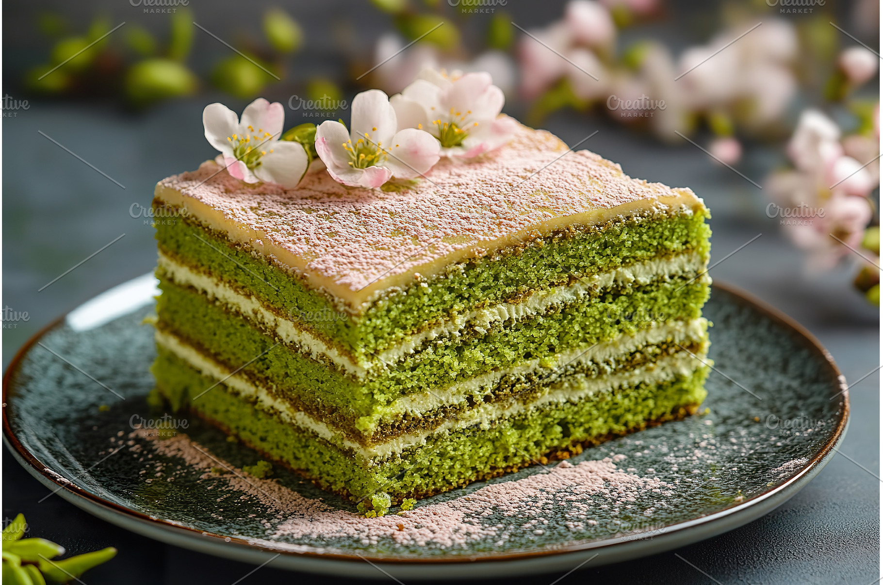 Matcha layer cake with cherry, a Food & Drink Photo by Lermont51