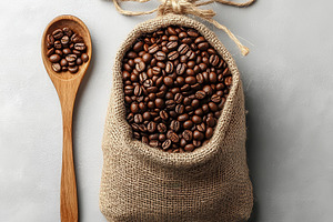 Roasted coffee beans in burlap sack, a Food & Drink Photo by Pixeness Studio