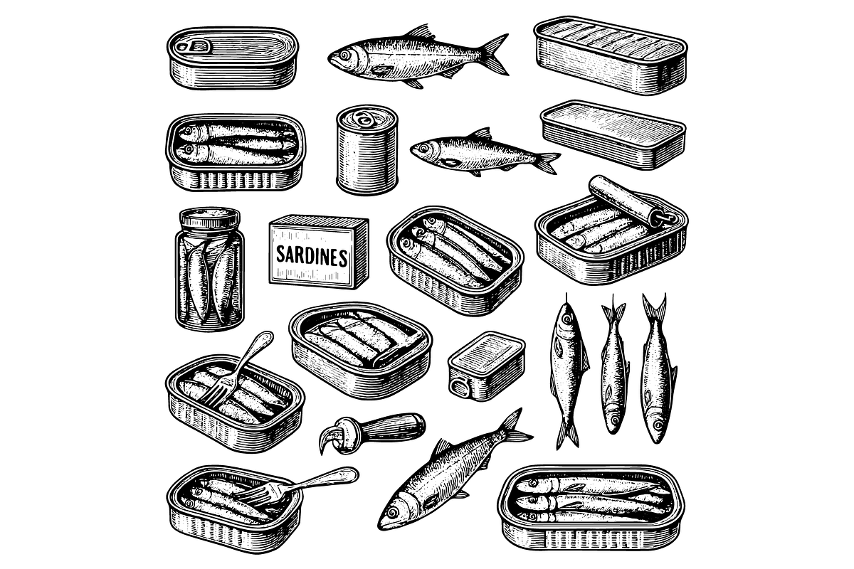 Sardine Fish & Canned Seafood Set, an Object Graphic by nikagraphic