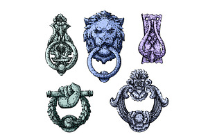 iron door knocker set sketch hand, an Illustration by pikepicture
