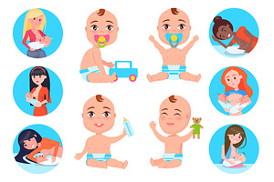 Baby And Breast Feeding Set Vector