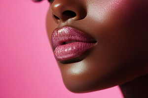 Closeup of soft lips with glossy pink shine against a vibrant pink background, a Person Photo by AlyaAnd