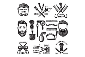 Monochrome Pictures Of Barber Shop Tools. Vector Illustrations For Labels