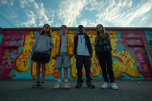 Four children standing confidently in front of a vibrant graffiti wall. They we, a Person Photo by Textures & Backgrounds