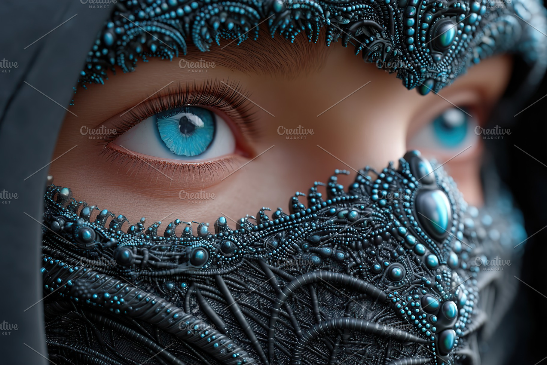 Unique close-up of a masked figure showcasing intricate patterns and striking b, a Person Photo by AlyaAnd
