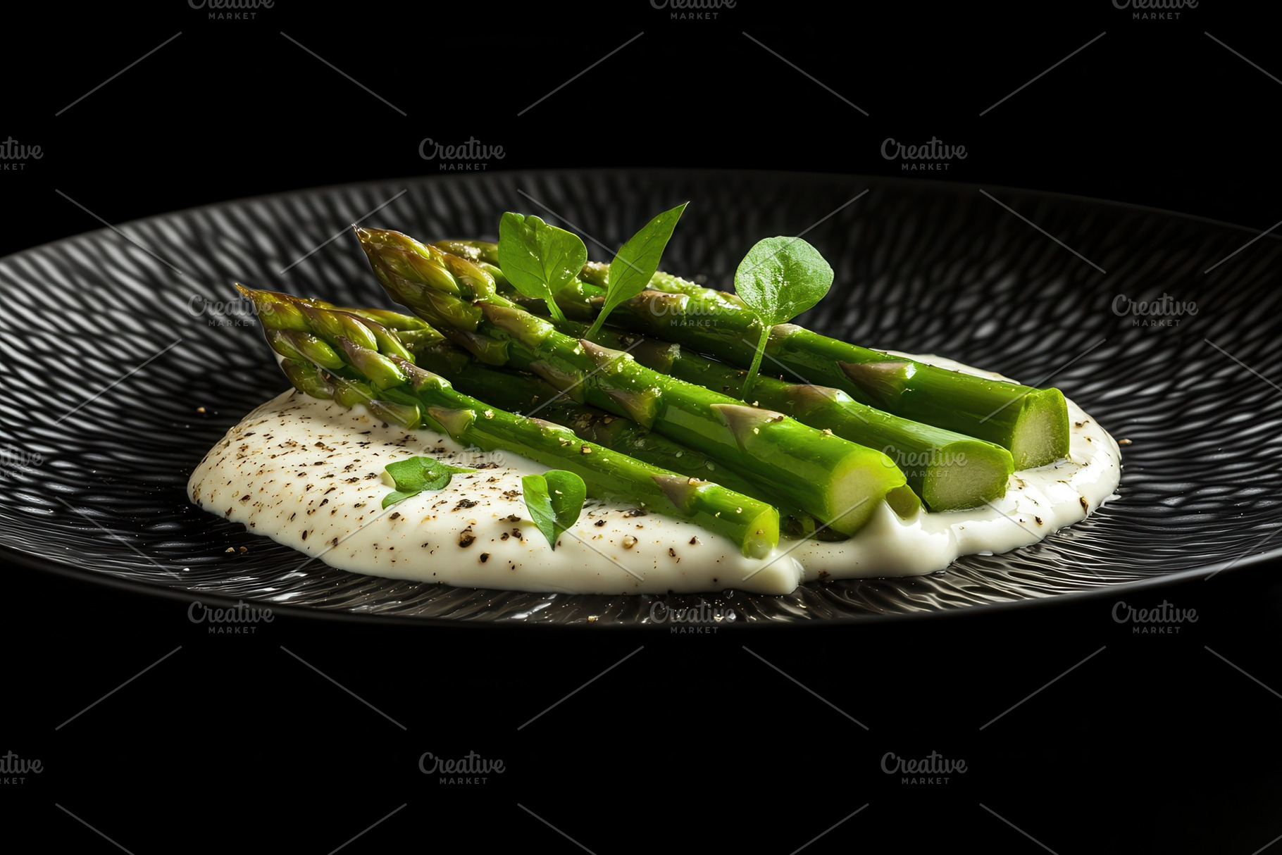 Green asparagus with creamy sauce, a Photo by Pavel_design