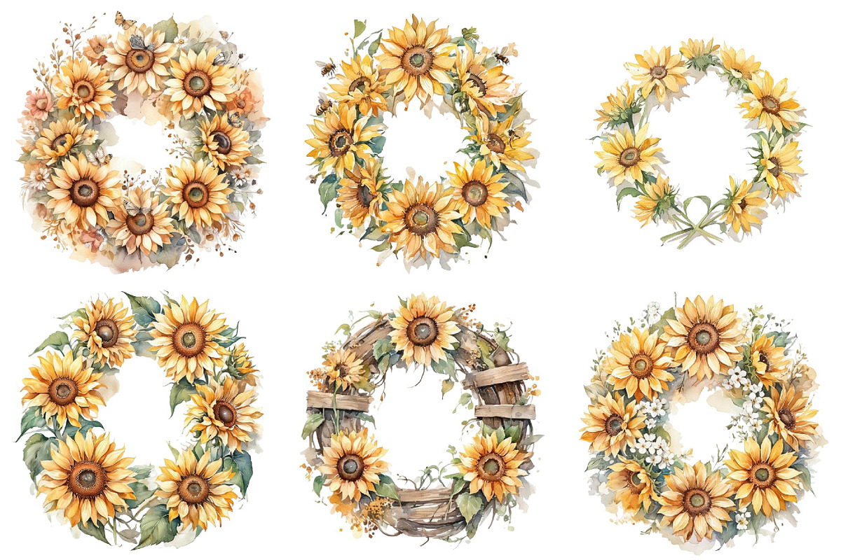 Watercolor Sunflower Wreath Clipart, an Illustration by DreamPrint404 (Photo 2 of 6)