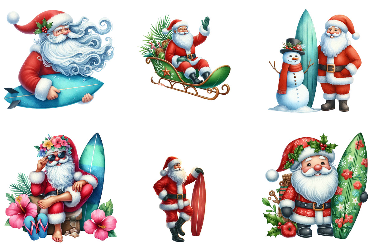 Christmas Santa with Surfboard Bundl, an Illustration by DreamArtGraphic (Photo 4 of 5)