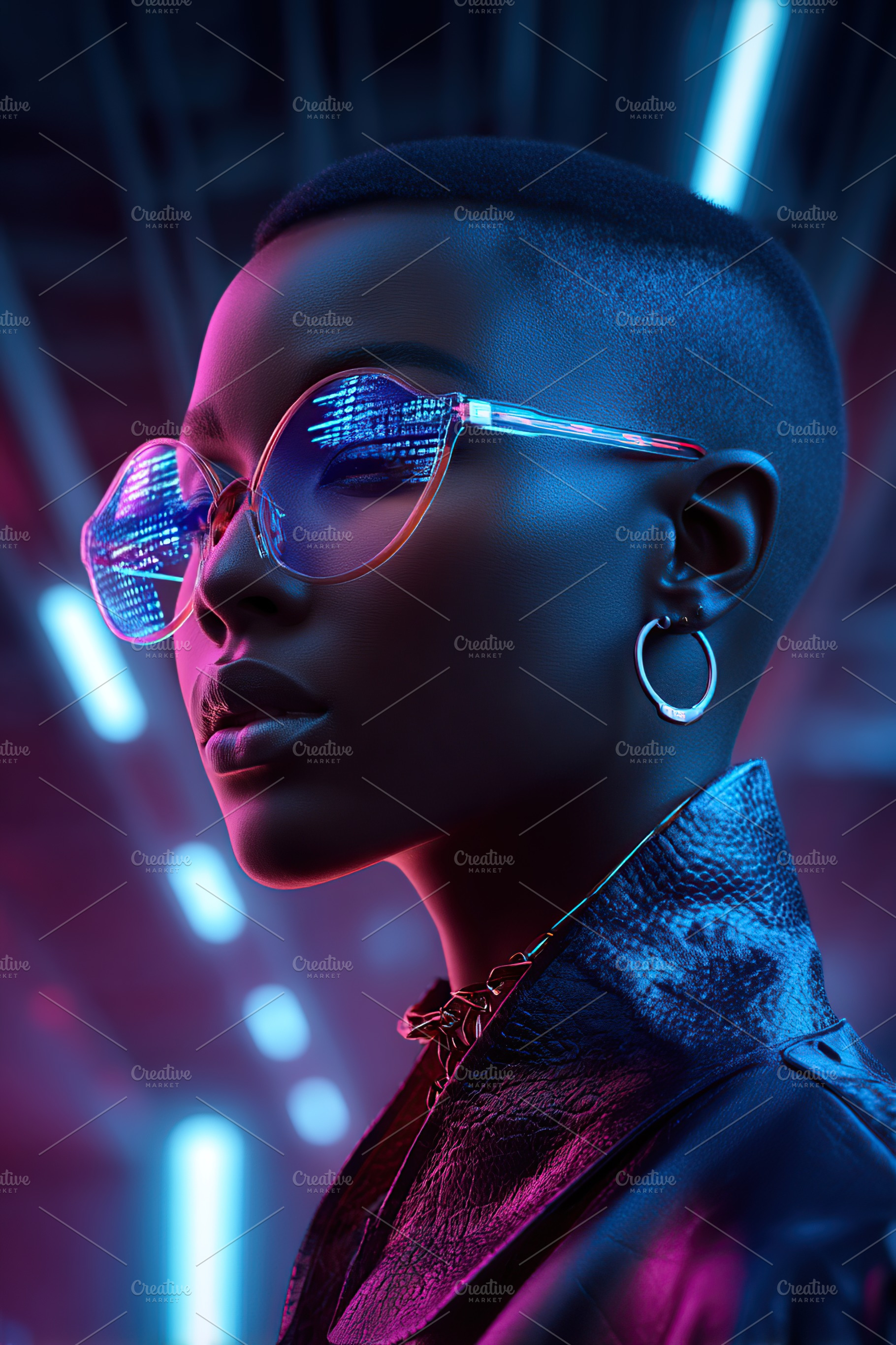 Young African woman wearing stylish glasses in a colorful urban setting at nigh, a Person Photo by AlyaAnd