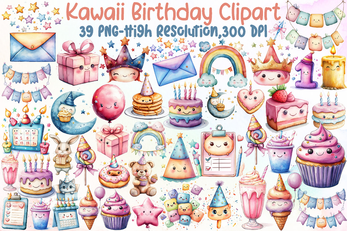 Kawaii Birthday Clipart Bundle, an Illustration by Sublimation Artist (Photo 1 of 6)