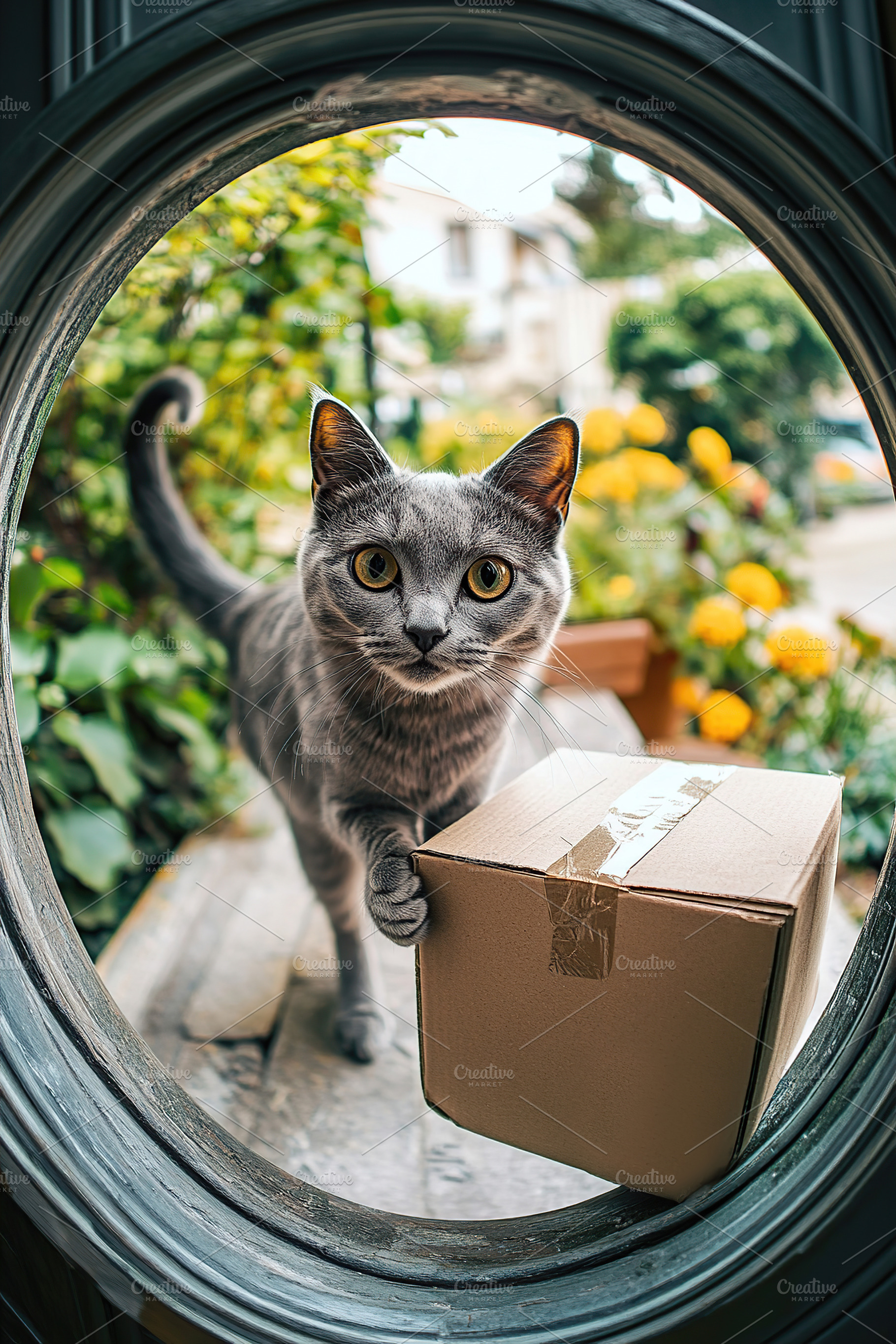 Cute cat delivers package through fisheye lens peephole surrounded by flowers, an Animal Photo by AlyaAnd