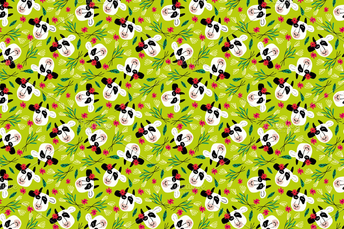 Green Hand drawn Pattern with Cows, a Pattern Graphic by Art's and patterns (Photo 2 of 3)