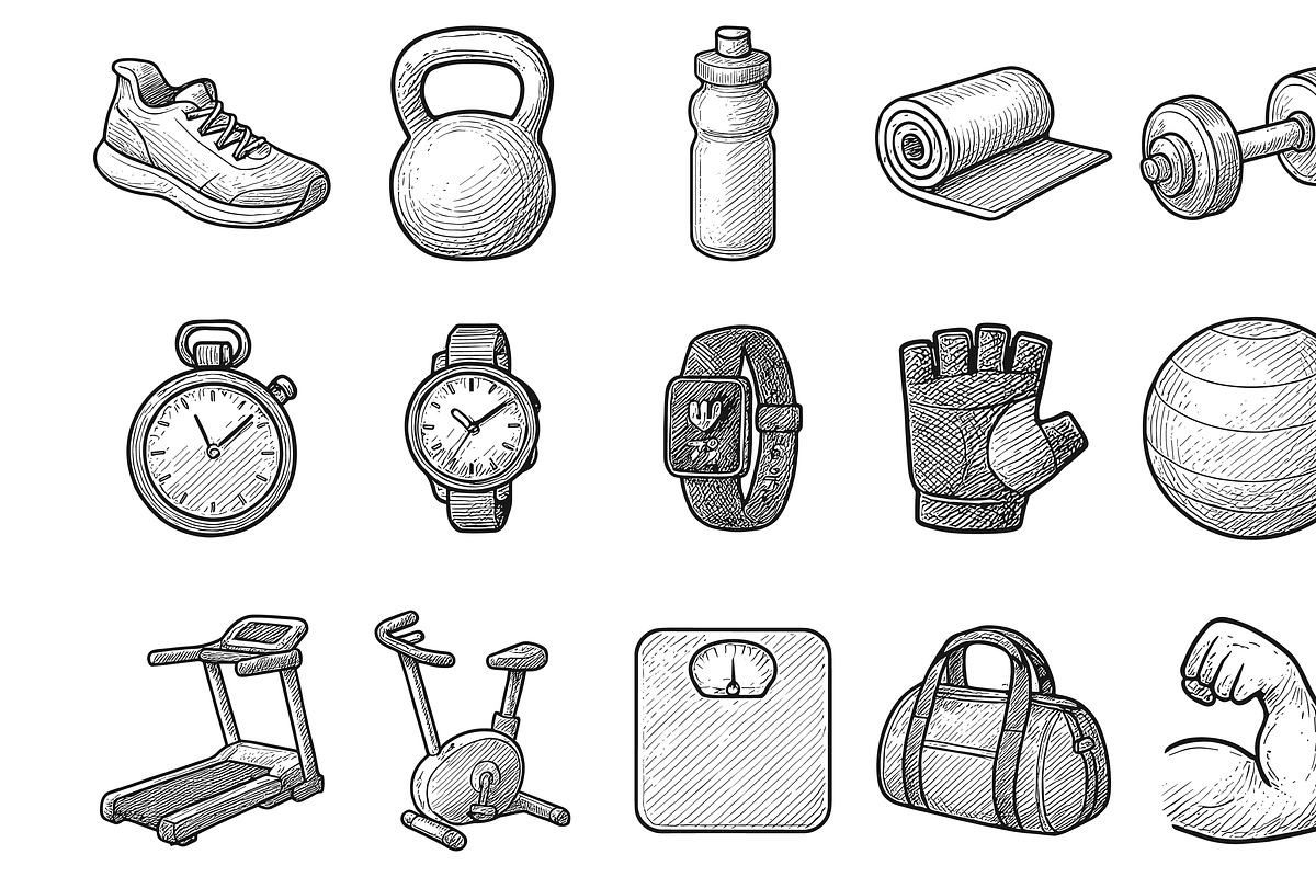 Fitness Equipment Icons, an Object Graphic by nikagraphic