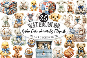 Boho Cute Animals Clipart, a Seasonal Illustration by Designking
