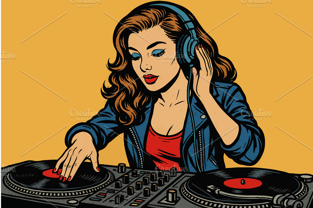 Female DJ Mixing Vinyl Turntables, a Person Illustration by AlexArt