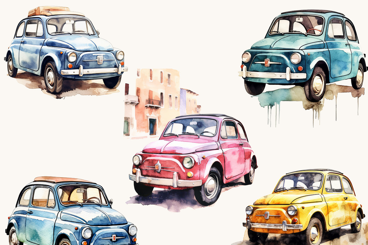 Watercolor Retro Fiat 500 Clipart, an Object Illustration by BusyDaydesign (Photo 3 of 7)