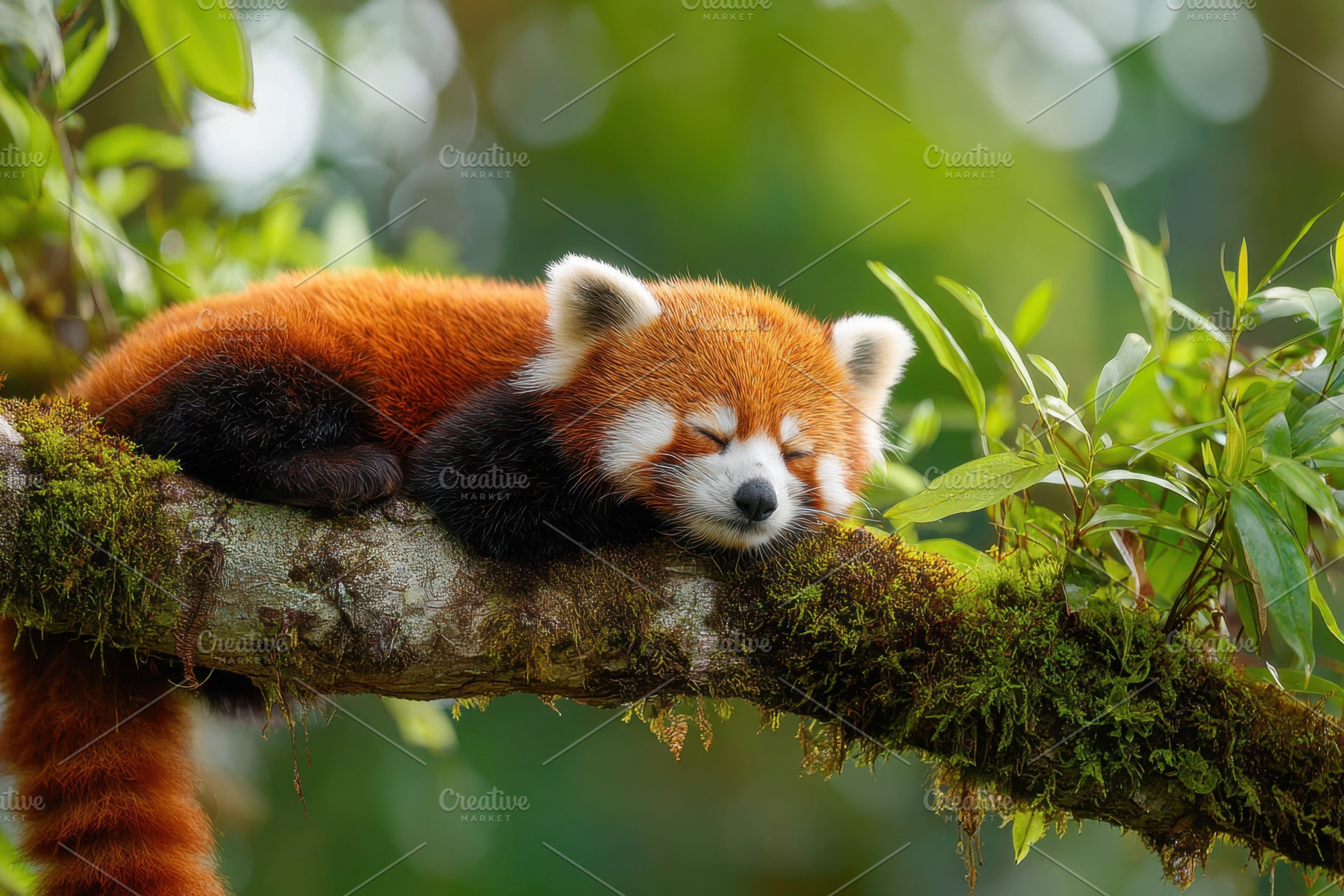 Sleeping red panda on a tree branch, an Animal Photo by AlyaAnd