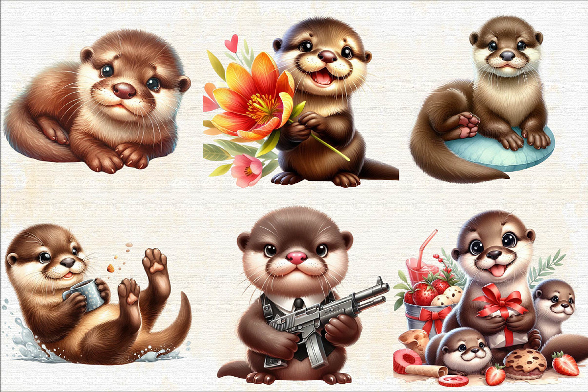 Watercolor Playful Otter Pups Subli, an Illustration by SVGArt (Photo 2 of 8)