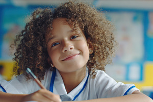 Happy girl writing in classroom, a Photo by Beautiful things