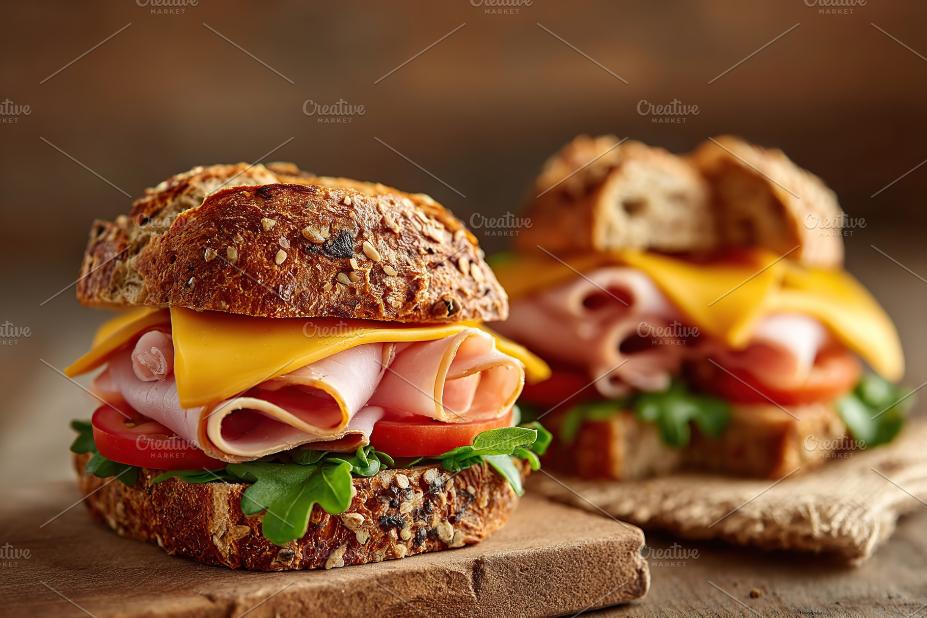 Sandwiches with ham, tomatoes, and melted cheese on whole grain bread ready to, a Food & Drink Photo by AlyaAnd