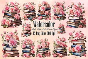 Watercolor Books with pink flower, a Seasonal Illustration by Craft Nest