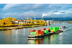 Container ship on the Rhine River in, an Architecture Photo by Leonid Andronov
