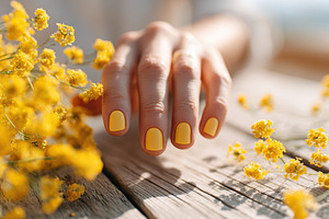 Female hand with bright yellow nails reaching towards yellow flowers on a woode, a Beauty & Fashion Photo by AlyaAnd