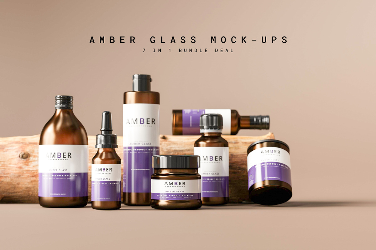 7 in 1 Amber Glass Cosmetic Bundle, a Cups & Container Mockup by pmvch (Photo 1 of 106)