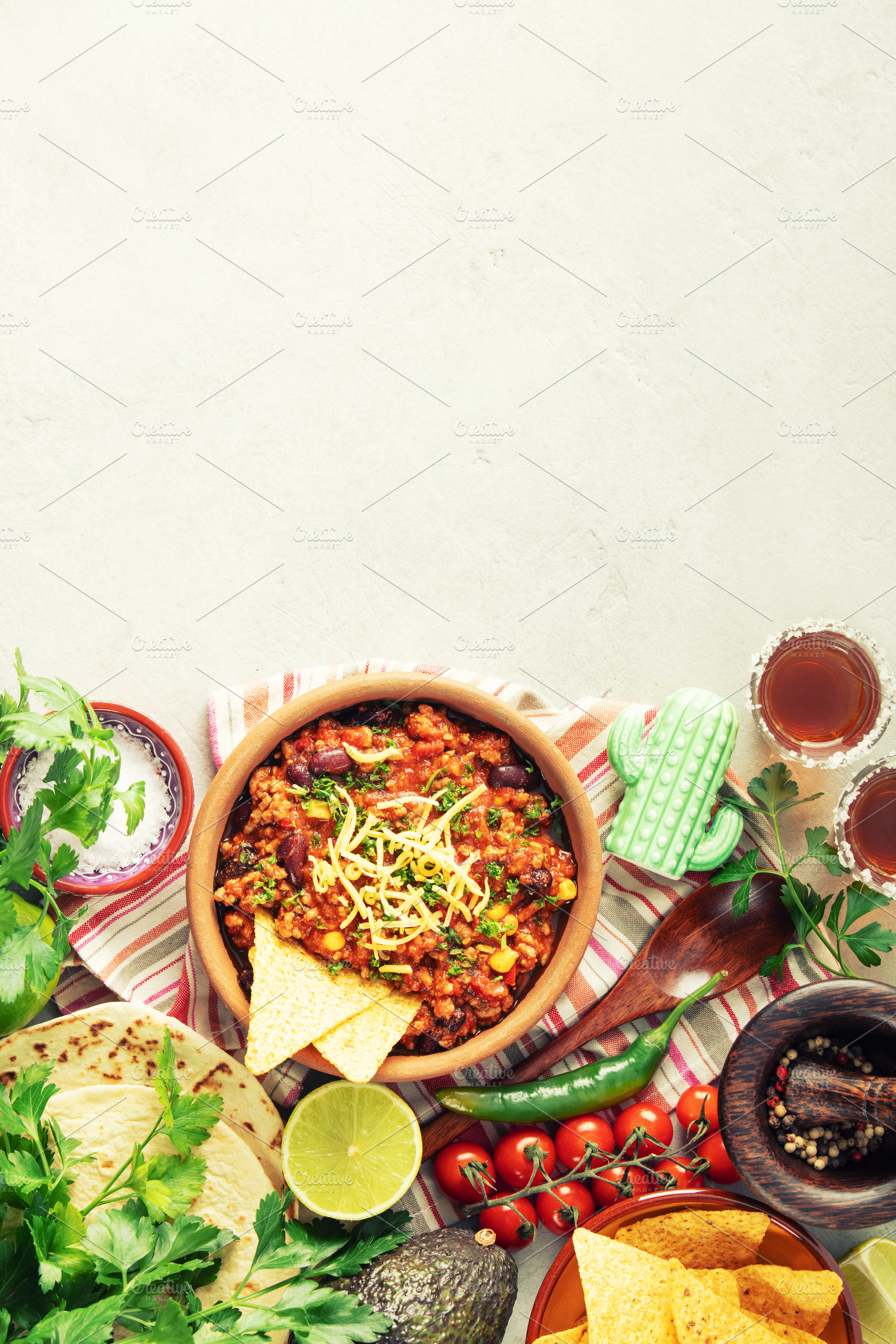 Mexican Beef Chili Con Carne with Nachos and Fresh Ingredients, a Food & Drink Photo by Natalia Klenova's Shop