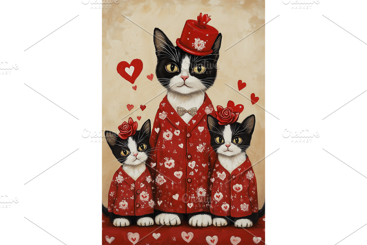 Tuxedo Mother Cat and Kittens Art, an Animal Illustration by Art Paradise Studios