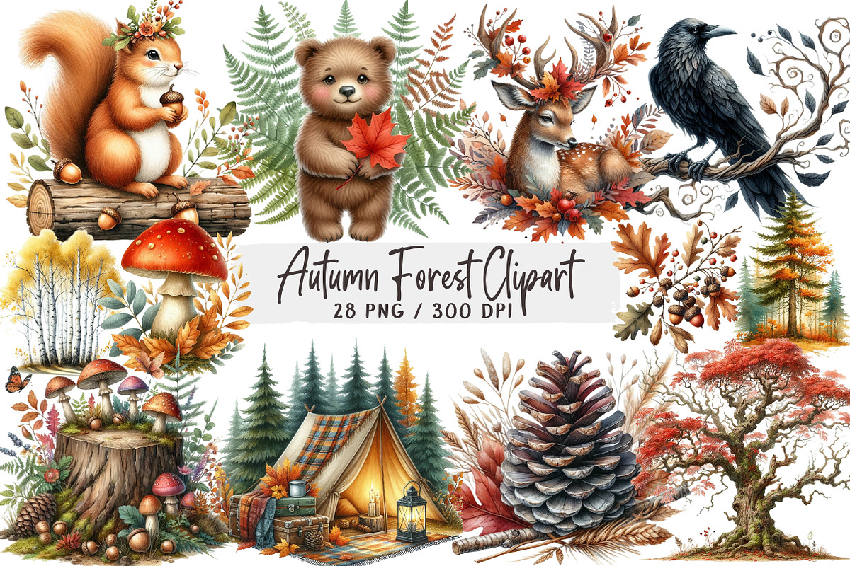 Watercolor Autumn Forest Clipart, a Seasonal Illustration by DreamArtGraphic (Photo 1 of 4)