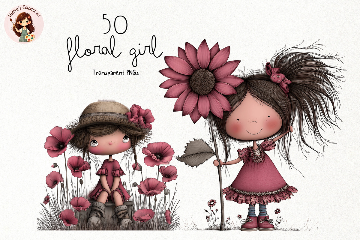 Floral Girl PNG Clipart Watercolor, a Seasonal Illustration by Nicolle's Colorful Art (Photo 1 of 5)