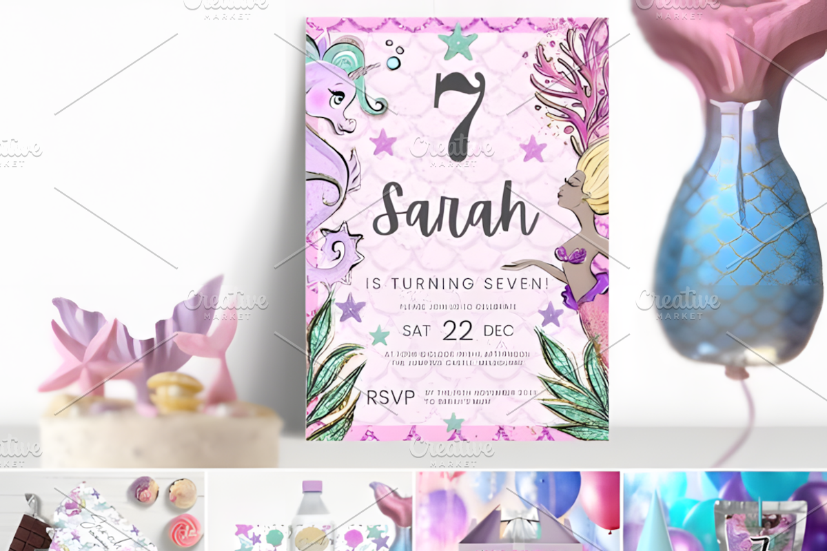 Mermaid Birthday Bundle Canva Templa, a Marketing Template by Coco Bloom (Photo 7 of 7)