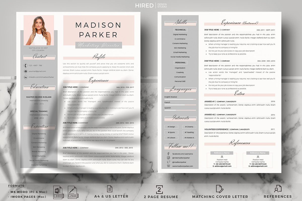 Creative Resume for Word & Pages, a Resume Template by HIRED Design Studio (Photo 2 of 11)