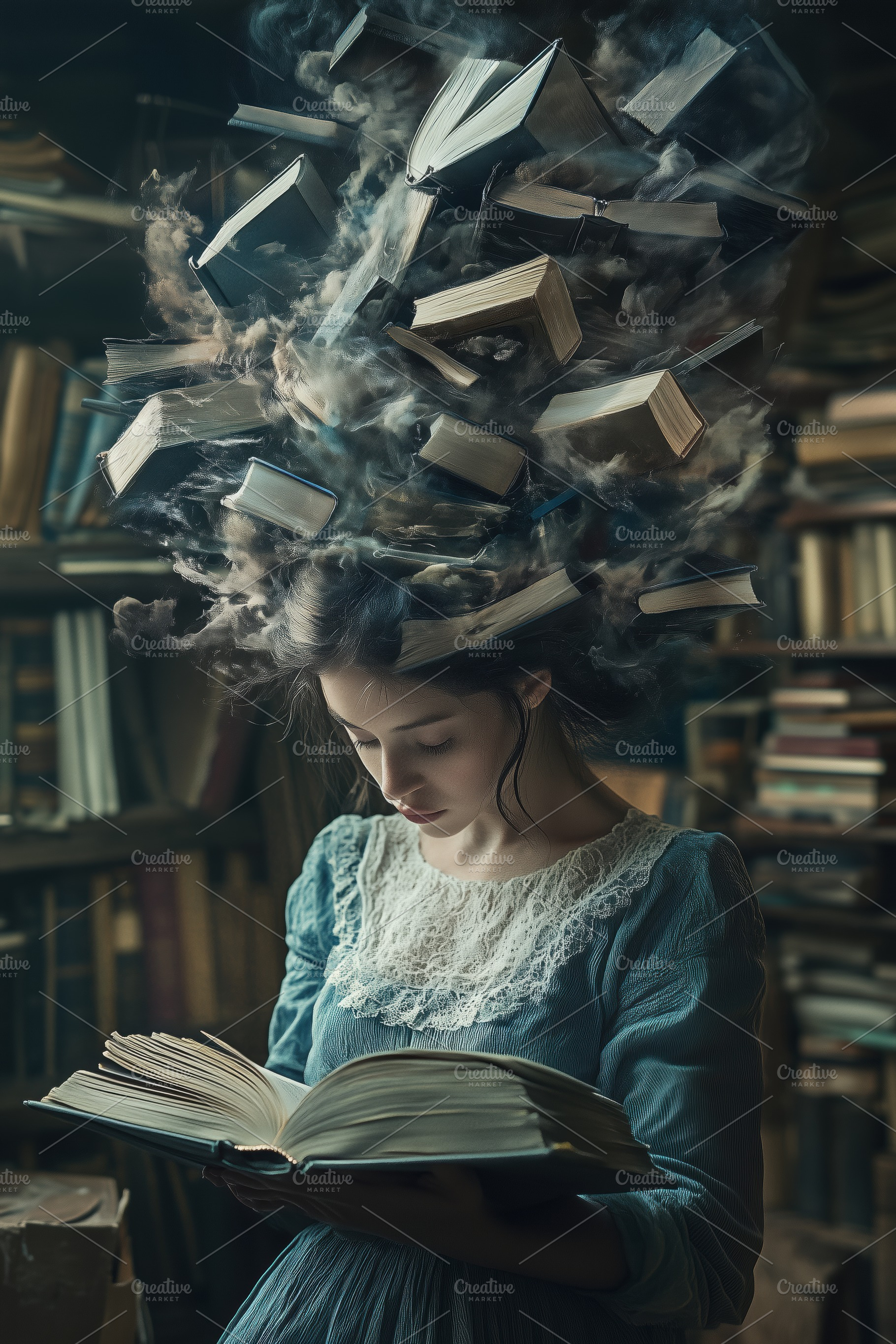 A psycholinguist woman reading a book in a library, with books floating above h, a Person Photo by Textures & Backgrounds