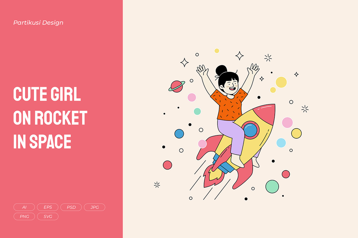 Cute Girl Riding Rocket in Space, a Person Illustration by Partikusi Design (Photo 1 of 3)