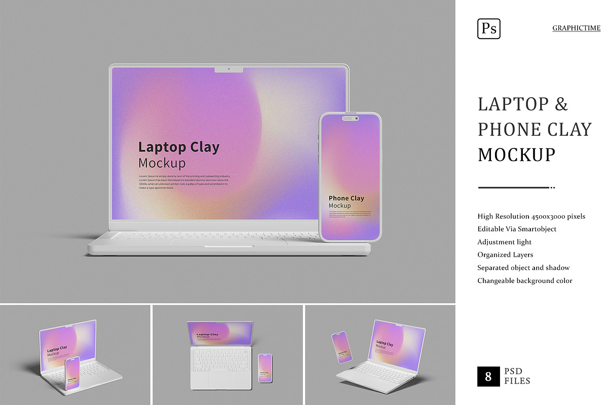 Laptop & Phone Clay Mockup, a Device Mockup by graphictime (Photo 1 of 10)