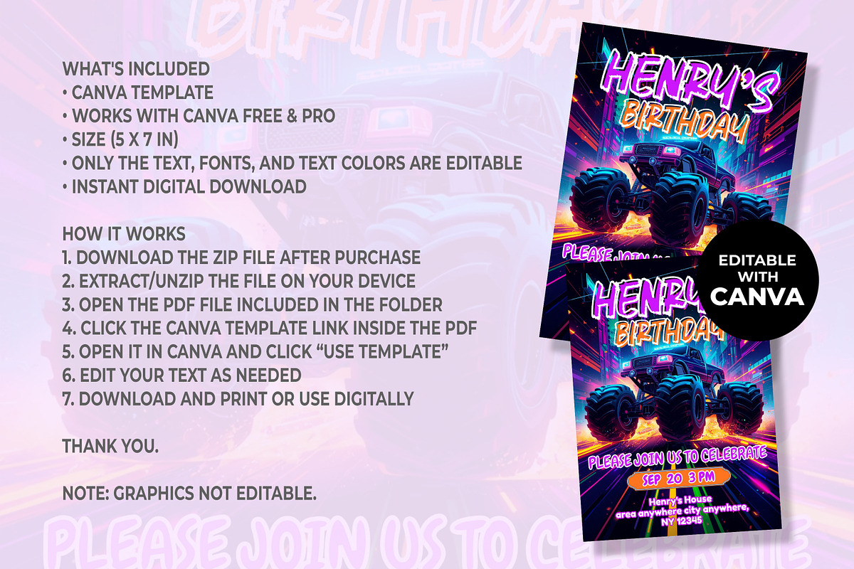 Monster Truck Birthday Invitation, an Invitation Template by M9 Design (Photo 4 of 4)