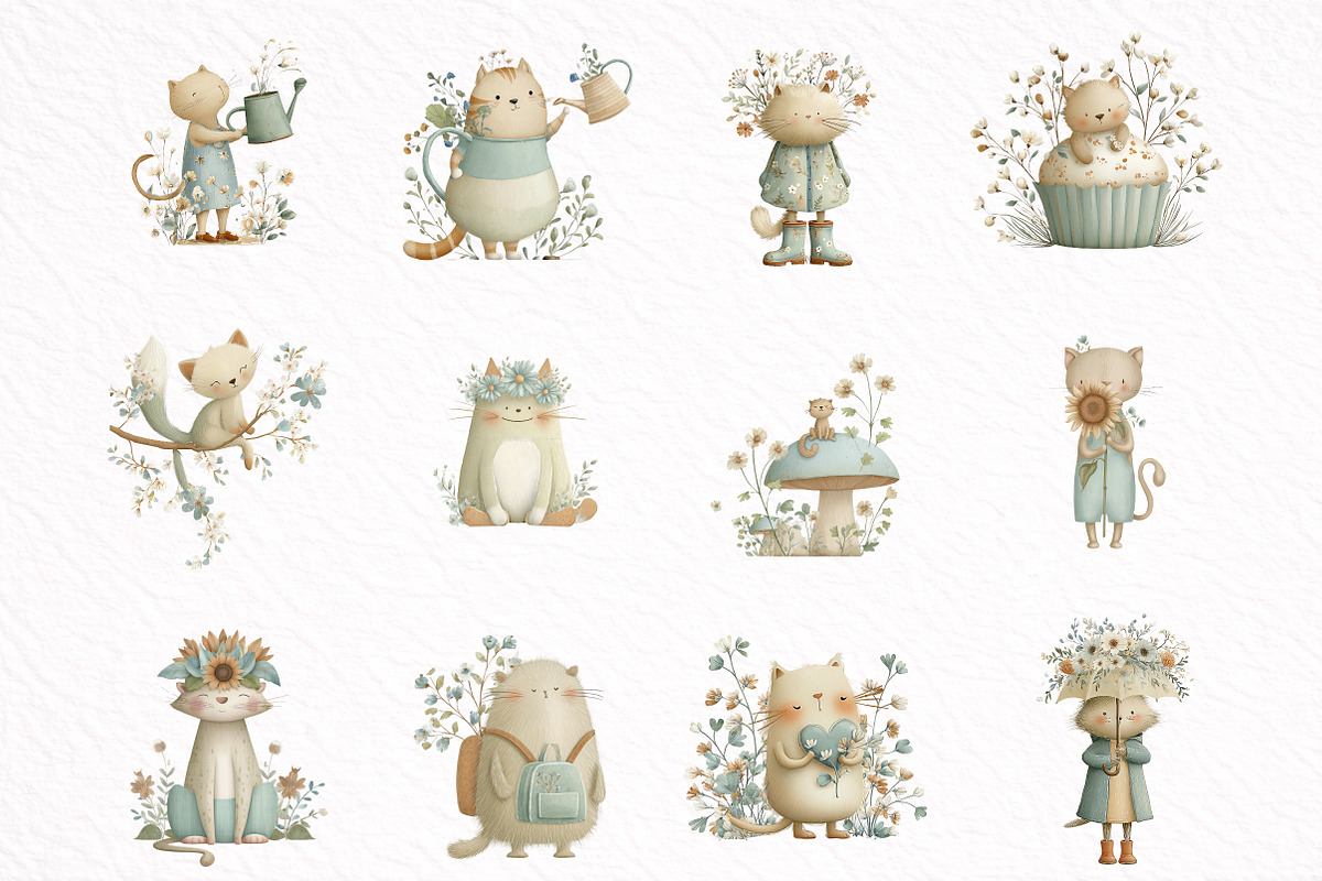 Whimsical Funny Spring Cats Clipart, an Illustration by DreamArtGraphic (Photo 8 of 8)