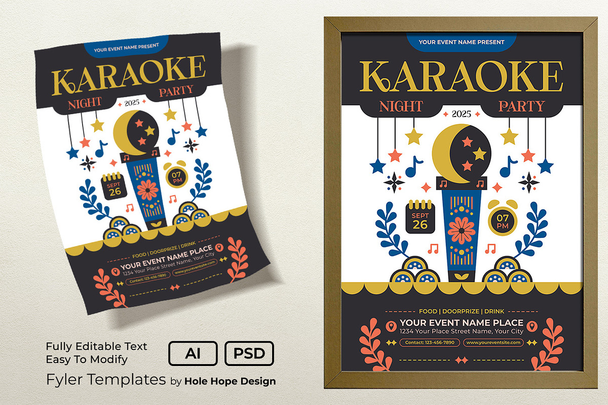 Folk Art Karaoke Flyer Template, a Flyer Template by Hole Hope Design (Photo 1 of 5)