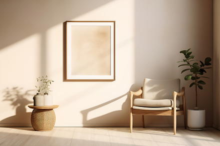 Cozy living room beige interior with wooden chair, coffee table, flowerpot, an Architecture Photo by Lenor4ik