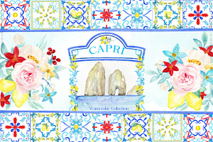 Capri Italy Watercolor Clipart Tiles