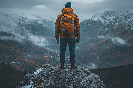 Man standing on rock admiring mountain views under cloudy sky, a Photo by AS photostudio