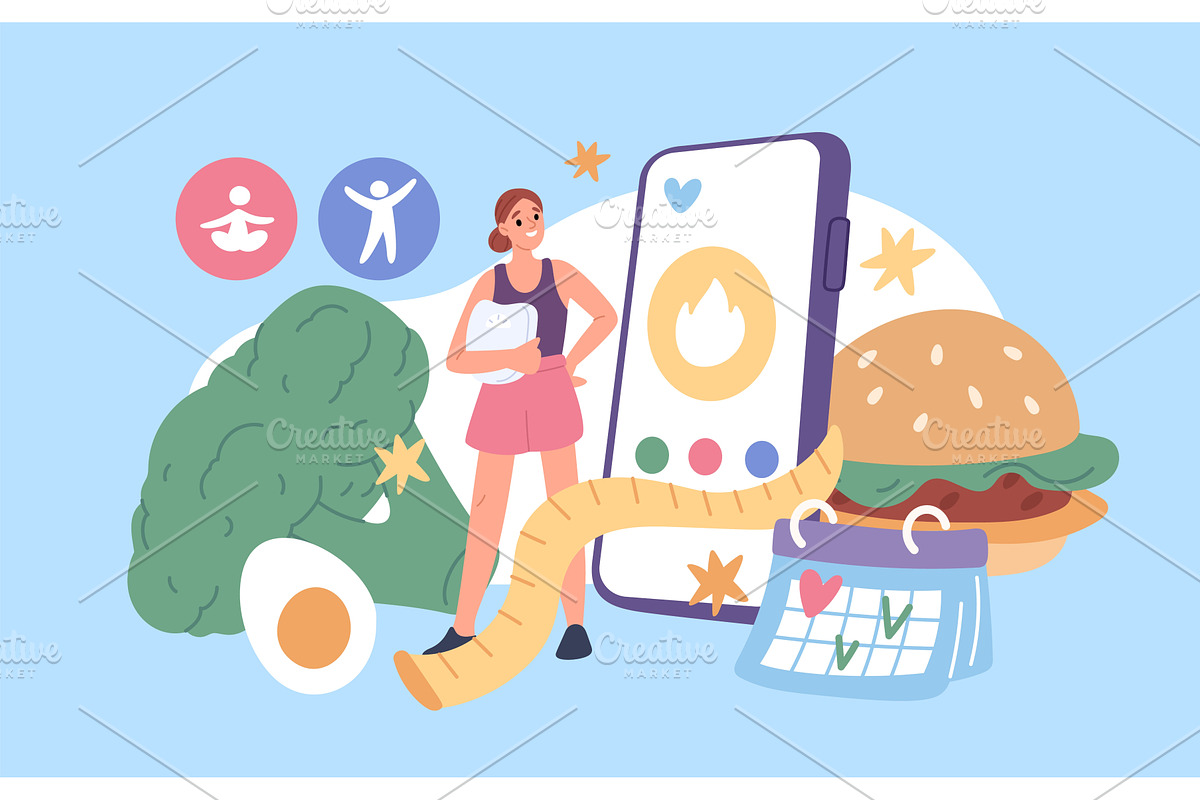 Diet plan app people. Athletic girl, a Food Illustration by YummyBuum