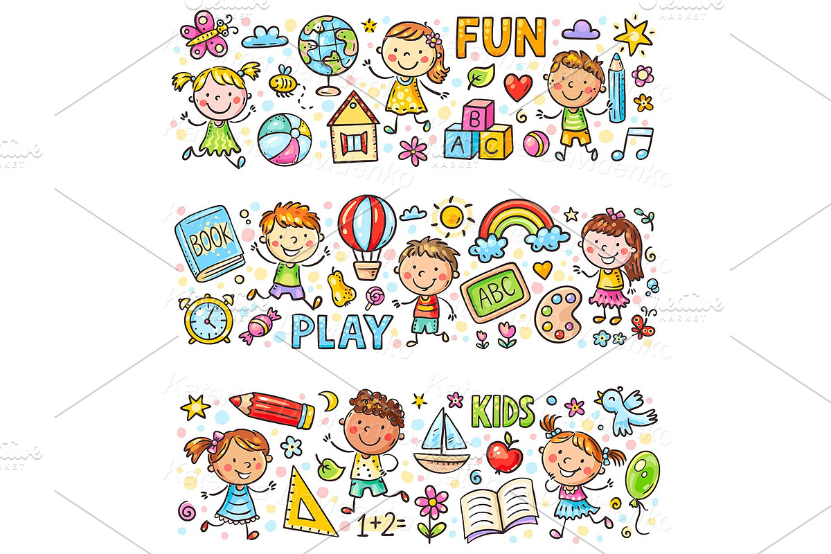 Set of cartoon doodle kids borders, a Decorative Illustration by Bubert Art (Photo 1 of 8)
