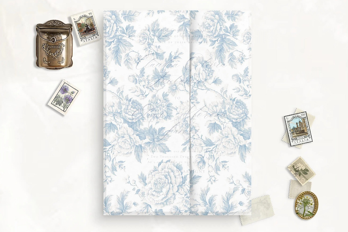 French Blue Botanical Toile Vellum, a Stationery Template by SilverJoyAtelier (Photo 2 of 3)